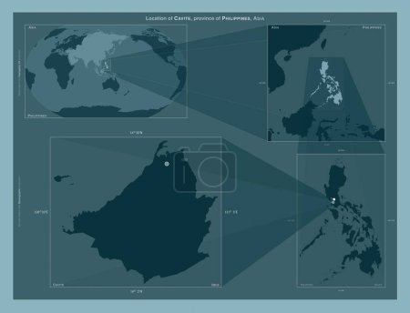 Téléchargez les photos : Cavite, province of Philippines. Diagram showing the location of the region on larger-scale maps. Composition of vector frames and PNG shapes on a solid background - en image libre de droit
