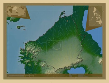 Téléchargez les photos : Cavite, province of Philippines. Colored elevation map with lakes and rivers. Corner auxiliary location maps - en image libre de droit