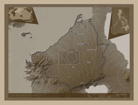 Photo for Cavite, province of Philippines. Elevation map colored in sepia tones with lakes and rivers. Locations and names of major cities of the region. Corner auxiliary location maps - Royalty Free Image