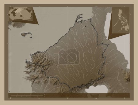 Téléchargez les photos : Cavite, province of Philippines. Elevation map colored in sepia tones with lakes and rivers. Corner auxiliary location maps - en image libre de droit