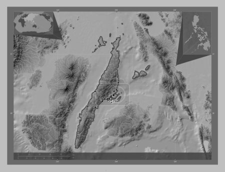 Foto de Cebu, province of Philippines. Grayscale elevation map with lakes and rivers. Locations of major cities of the region. Corner auxiliary location maps - Imagen libre de derechos