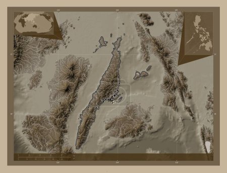 Photo for Cebu, province of Philippines. Elevation map colored in sepia tones with lakes and rivers. Locations of major cities of the region. Corner auxiliary location maps - Royalty Free Image