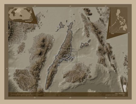 Téléchargez les photos : Cebu, province of Philippines. Elevation map colored in sepia tones with lakes and rivers. Locations and names of major cities of the region. Corner auxiliary location maps - en image libre de droit