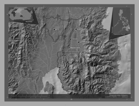 Téléchargez les photos : Compostela Valley, province of Philippines. Bilevel elevation map with lakes and rivers. Locations and names of major cities of the region. Corner auxiliary location maps - en image libre de droit
