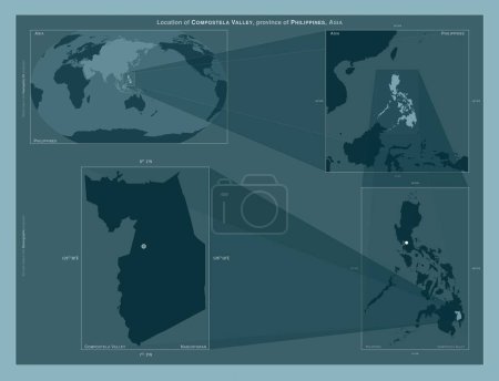 Photo for Compostela Valley, province of Philippines. Diagram showing the location of the region on larger-scale maps. Composition of vector frames and PNG shapes on a solid background - Royalty Free Image