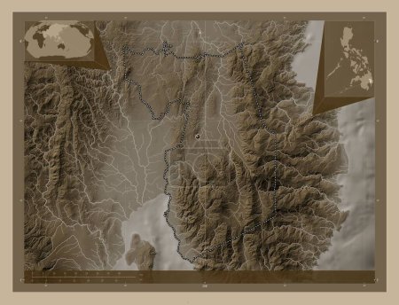 Foto de Compostela Valley, province of Philippines. Elevation map colored in sepia tones with lakes and rivers. Corner auxiliary location maps - Imagen libre de derechos