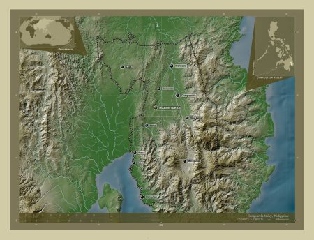 Téléchargez les photos : Compostela Valley, province of Philippines. Elevation map colored in wiki style with lakes and rivers. Locations and names of major cities of the region. Corner auxiliary location maps - en image libre de droit