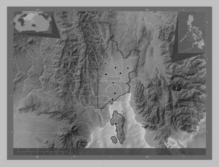 Téléchargez les photos : Davao del Norte, province of Philippines. Grayscale elevation map with lakes and rivers. Locations of major cities of the region. Corner auxiliary location maps - en image libre de droit