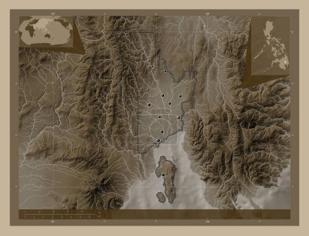 Foto de Davao del Norte, province of Philippines. Elevation map colored in sepia tones with lakes and rivers. Locations of major cities of the region. Corner auxiliary location maps - Imagen libre de derechos