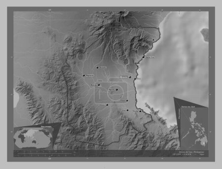 Foto de Davao del Sur, province of Philippines. Grayscale elevation map with lakes and rivers. Locations and names of major cities of the region. Corner auxiliary location maps - Imagen libre de derechos