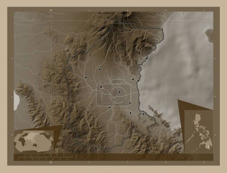 Foto de Davao del Sur, province of Philippines. Elevation map colored in sepia tones with lakes and rivers. Locations of major cities of the region. Corner auxiliary location maps - Imagen libre de derechos