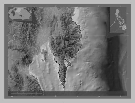 Téléchargez les photos : Davao Oriental, province of Philippines. Grayscale elevation map with lakes and rivers. Locations of major cities of the region. Corner auxiliary location maps - en image libre de droit