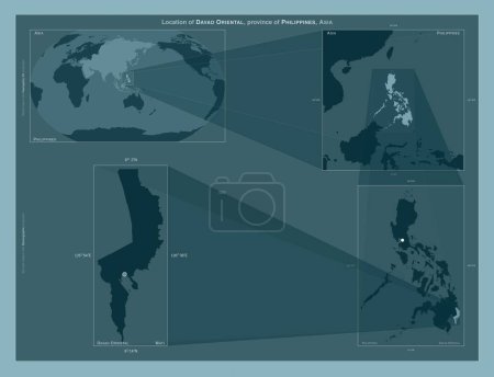 Téléchargez les photos : Davao Oriental, province of Philippines. Diagram showing the location of the region on larger-scale maps. Composition of vector frames and PNG shapes on a solid background - en image libre de droit
