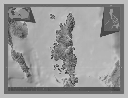 Téléchargez les photos : Dinagat Islands, province of Philippines. Grayscale elevation map with lakes and rivers. Corner auxiliary location maps - en image libre de droit
