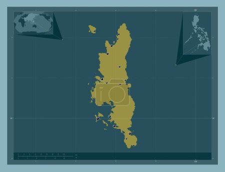 Téléchargez les photos : Dinagat Islands, province of Philippines. Solid color shape. Locations of major cities of the region. Corner auxiliary location maps - en image libre de droit