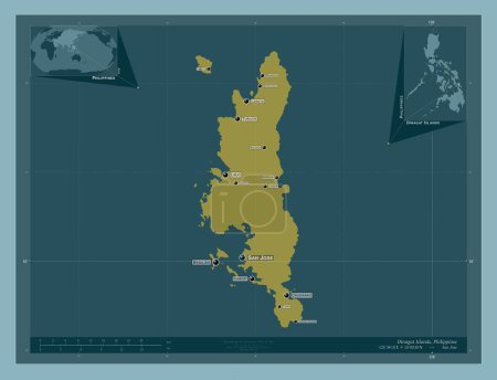 Téléchargez les photos : Dinagat Islands, province of Philippines. Solid color shape. Locations and names of major cities of the region. Corner auxiliary location maps - en image libre de droit
