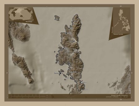 Téléchargez les photos : Dinagat Islands, province of Philippines. Elevation map colored in sepia tones with lakes and rivers. Locations and names of major cities of the region. Corner auxiliary location maps - en image libre de droit