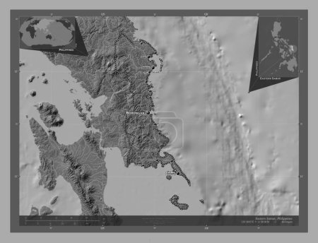 Foto de Eastern Samar, province of Philippines. Bilevel elevation map with lakes and rivers. Locations and names of major cities of the region. Corner auxiliary location maps - Imagen libre de derechos