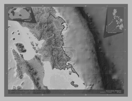Foto de Eastern Samar, province of Philippines. Grayscale elevation map with lakes and rivers. Locations and names of major cities of the region. Corner auxiliary location maps - Imagen libre de derechos