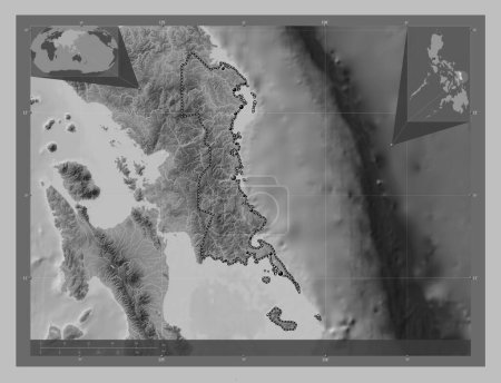Téléchargez les photos : Eastern Samar, province of Philippines. Grayscale elevation map with lakes and rivers. Locations of major cities of the region. Corner auxiliary location maps - en image libre de droit