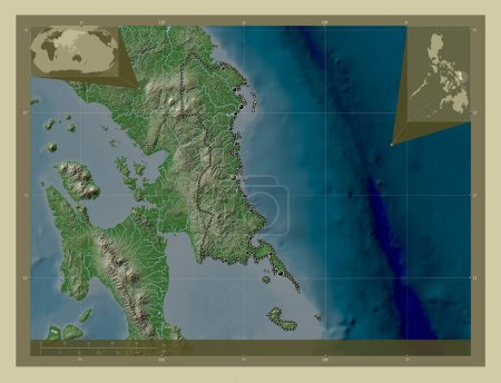 Foto de Eastern Samar, province of Philippines. Elevation map colored in wiki style with lakes and rivers. Locations of major cities of the region. Corner auxiliary location maps - Imagen libre de derechos