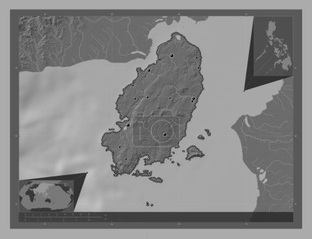 Photo for Guimaras, province of Philippines. Bilevel elevation map with lakes and rivers. Locations of major cities of the region. Corner auxiliary location maps - Royalty Free Image