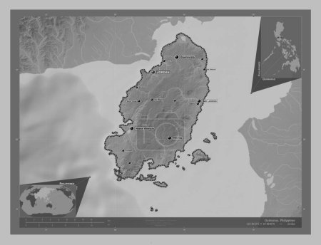 Photo for Guimaras, province of Philippines. Grayscale elevation map with lakes and rivers. Locations and names of major cities of the region. Corner auxiliary location maps - Royalty Free Image