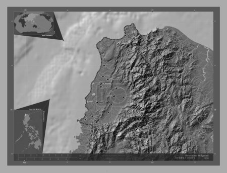 Foto de Ilocos Norte, province of Philippines. Bilevel elevation map with lakes and rivers. Locations and names of major cities of the region. Corner auxiliary location maps - Imagen libre de derechos