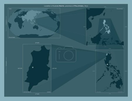 Téléchargez les photos : Ilocos Norte, province of Philippines. Diagram showing the location of the region on larger-scale maps. Composition of vector frames and PNG shapes on a solid background - en image libre de droit