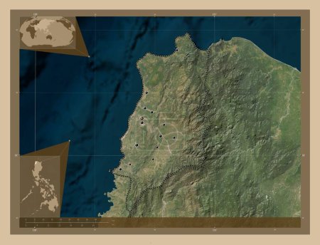 Photo for Ilocos Norte, province of Philippines. Low resolution satellite map. Locations of major cities of the region. Corner auxiliary location maps - Royalty Free Image