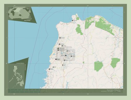 Photo for Ilocos Norte, province of Philippines. Open Street Map. Locations and names of major cities of the region. Corner auxiliary location maps - Royalty Free Image