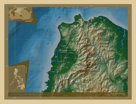 Foto de Ilocos Norte, province of Philippines. Colored elevation map with lakes and rivers. Locations and names of major cities of the region. Corner auxiliary location maps - Imagen libre de derechos