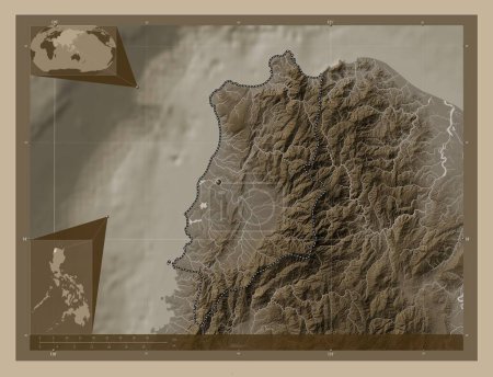 Photo for Ilocos Norte, province of Philippines. Elevation map colored in sepia tones with lakes and rivers. Corner auxiliary location maps - Royalty Free Image