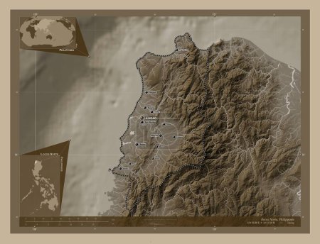 Foto de Ilocos Norte, province of Philippines. Elevation map colored in sepia tones with lakes and rivers. Locations and names of major cities of the region. Corner auxiliary location maps - Imagen libre de derechos
