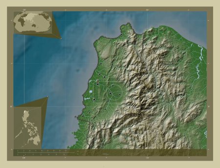 Photo for Ilocos Norte, province of Philippines. Elevation map colored in wiki style with lakes and rivers. Locations of major cities of the region. Corner auxiliary location maps - Royalty Free Image