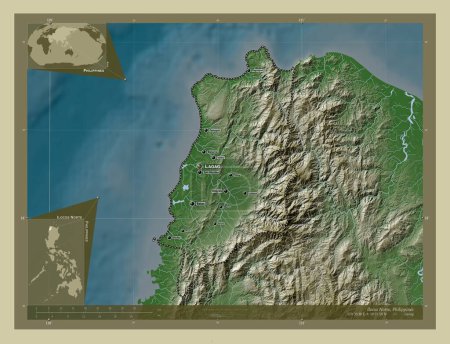 Foto de Ilocos Norte, province of Philippines. Elevation map colored in wiki style with lakes and rivers. Locations and names of major cities of the region. Corner auxiliary location maps - Imagen libre de derechos