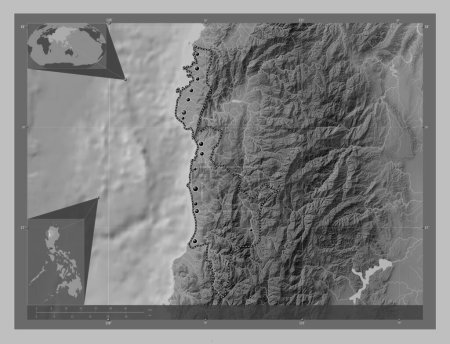 Photo for Ilocos Sur, province of Philippines. Grayscale elevation map with lakes and rivers. Locations of major cities of the region. Corner auxiliary location maps - Royalty Free Image