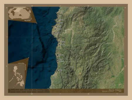 Foto de Ilocos Sur, province of Philippines. Low resolution satellite map. Locations and names of major cities of the region. Corner auxiliary location maps - Imagen libre de derechos