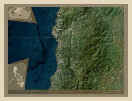 Photo for Ilocos Sur, province of Philippines. High resolution satellite map. Locations and names of major cities of the region. Corner auxiliary location maps - Royalty Free Image