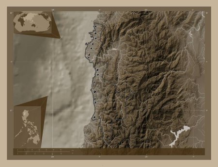 Foto de Ilocos Sur, province of Philippines. Elevation map colored in sepia tones with lakes and rivers. Locations of major cities of the region. Corner auxiliary location maps - Imagen libre de derechos