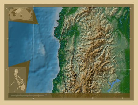Téléchargez les photos : Ilocos Sur, province of Philippines. Colored elevation map with lakes and rivers. Corner auxiliary location maps - en image libre de droit