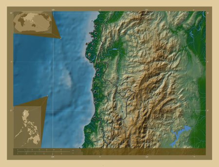 Foto de Ilocos Sur, province of Philippines. Colored elevation map with lakes and rivers. Locations of major cities of the region. Corner auxiliary location maps - Imagen libre de derechos