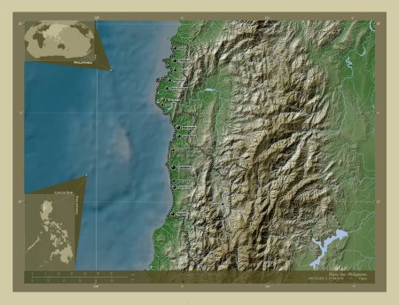 Foto de Ilocos Sur, province of Philippines. Elevation map colored in wiki style with lakes and rivers. Locations and names of major cities of the region. Corner auxiliary location maps - Imagen libre de derechos