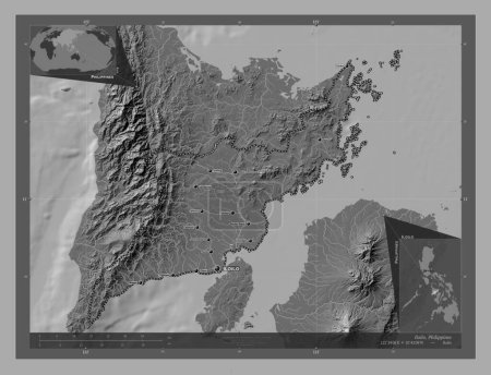 Téléchargez les photos : Iloilo, province of Philippines. Bilevel elevation map with lakes and rivers. Locations and names of major cities of the region. Corner auxiliary location maps - en image libre de droit