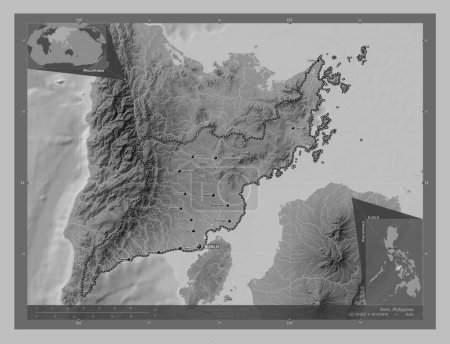 Téléchargez les photos : Iloilo, province of Philippines. Grayscale elevation map with lakes and rivers. Locations and names of major cities of the region. Corner auxiliary location maps - en image libre de droit