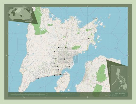Téléchargez les photos : Iloilo, province of Philippines. Open Street Map. Locations and names of major cities of the region. Corner auxiliary location maps - en image libre de droit