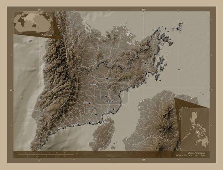 Téléchargez les photos : Iloilo, province of Philippines. Elevation map colored in sepia tones with lakes and rivers. Locations and names of major cities of the region. Corner auxiliary location maps - en image libre de droit