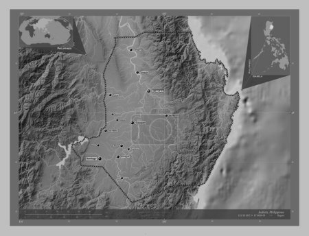 Photo for Isabela, province of Philippines. Grayscale elevation map with lakes and rivers. Locations and names of major cities of the region. Corner auxiliary location maps - Royalty Free Image