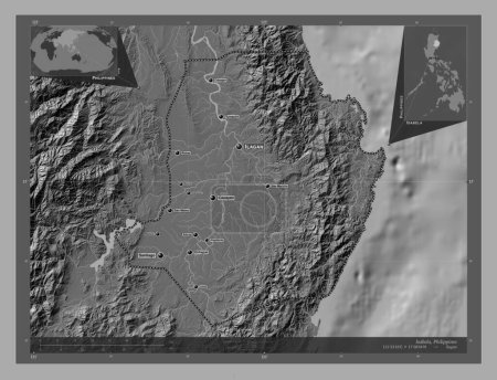 Photo for Isabela, province of Philippines. Bilevel elevation map with lakes and rivers. Locations and names of major cities of the region. Corner auxiliary location maps - Royalty Free Image