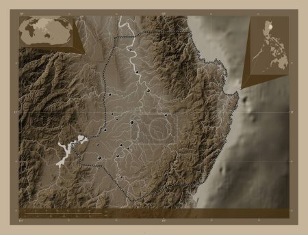 Photo for Isabela, province of Philippines. Elevation map colored in sepia tones with lakes and rivers. Locations of major cities of the region. Corner auxiliary location maps - Royalty Free Image